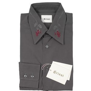 NEW $675 Brioni Fine Cotton Shirt! XL Gray Western Style Red Roses on the Collar